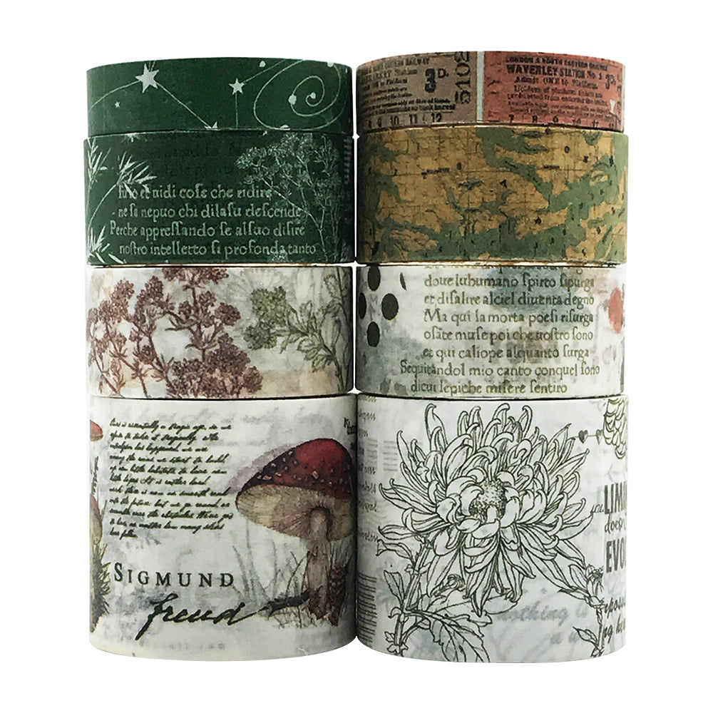 Vintage Green Washi Tape Set, ZMLSED 8 Rolls Antique Mushroom Japanese Masking Writable Decorative Tapes for Bullet Journal Planners DIY Crafts Arts Scrapbooking Adhesive